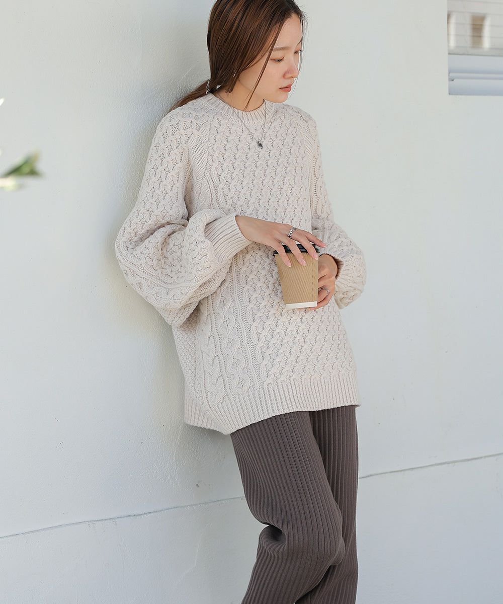 日本 Bab - 麻花編織大寬袖針織上衣-炭灰