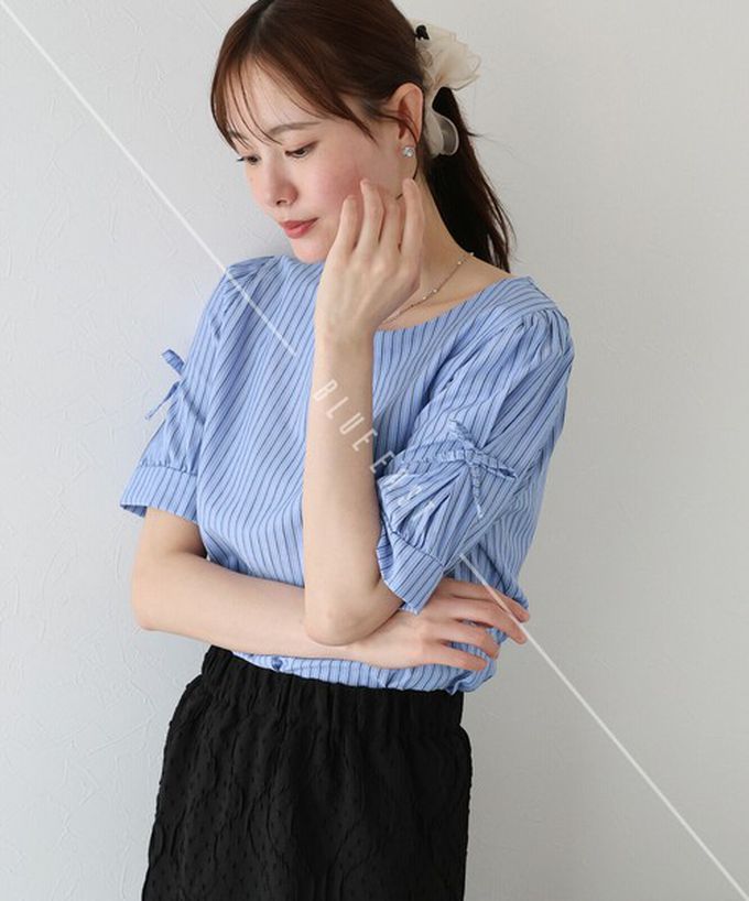 日本 BLUE EAST - 甜美可愛蝴蝶結點綴短袖上衣-黑 (M)