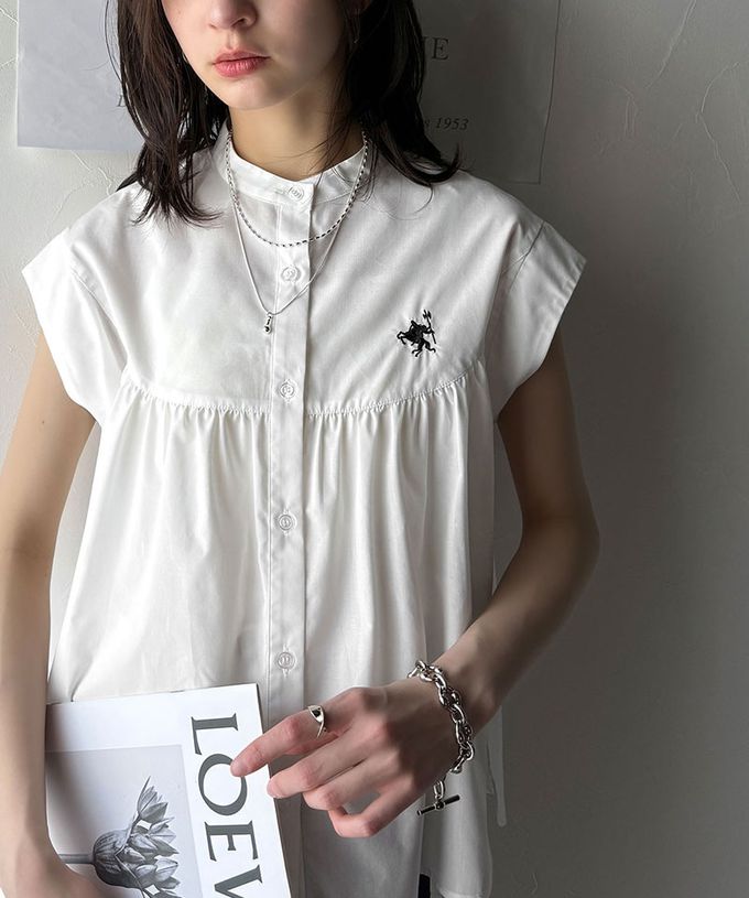 日本 Classical Elf - 刺繡logo成熟俐落法式袖襯衫-藍底白條紋