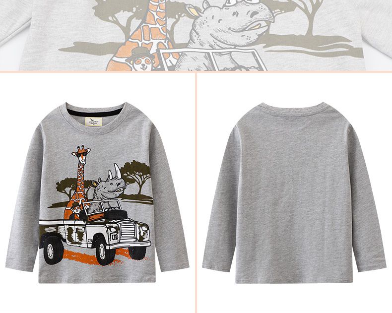 Jumping meters - 圓領棉質長袖上衣-犀牛與長頸鹿-灰色