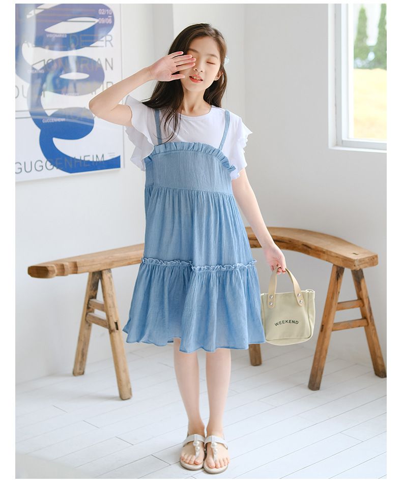 假兩件式拼接蛋糕裙洋裝-藍+白