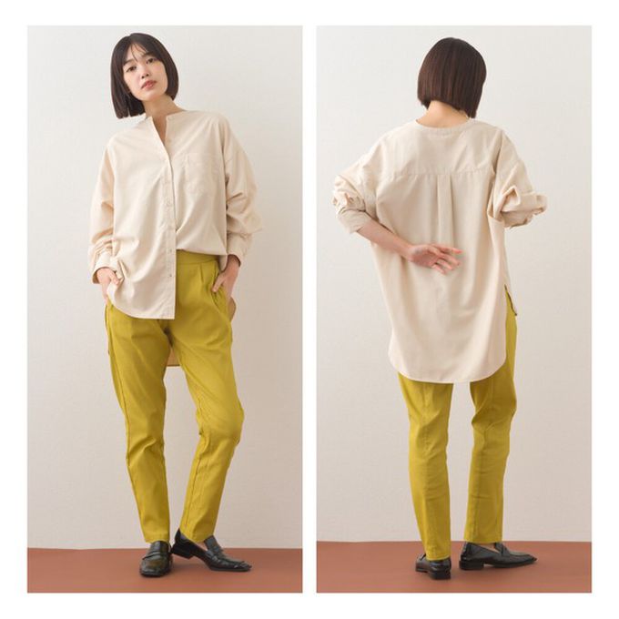 日本 OMNES - 柔滑科技棉 小立領長袖襯衫-濃綠