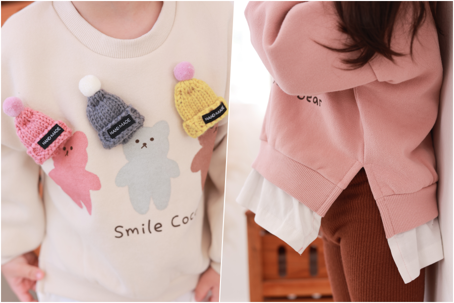 韓國 Coco rabbit - 假兩件毛帽小熊長袖上衣-粉