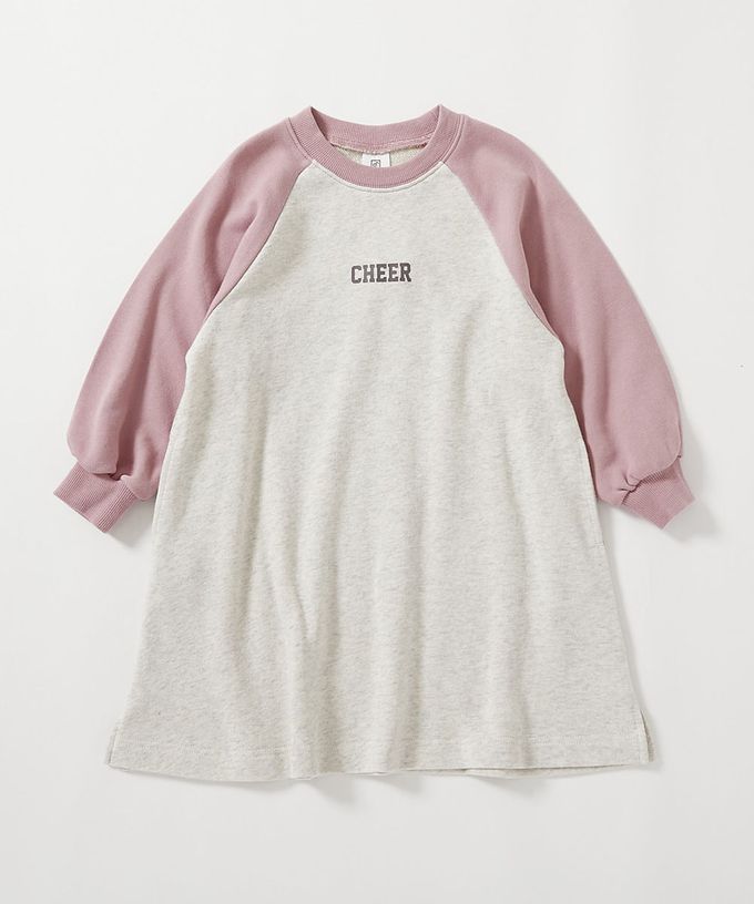 日本 devirock - 100%棉 撞色印花長袖洋裝-燕麥X粉紅X棕