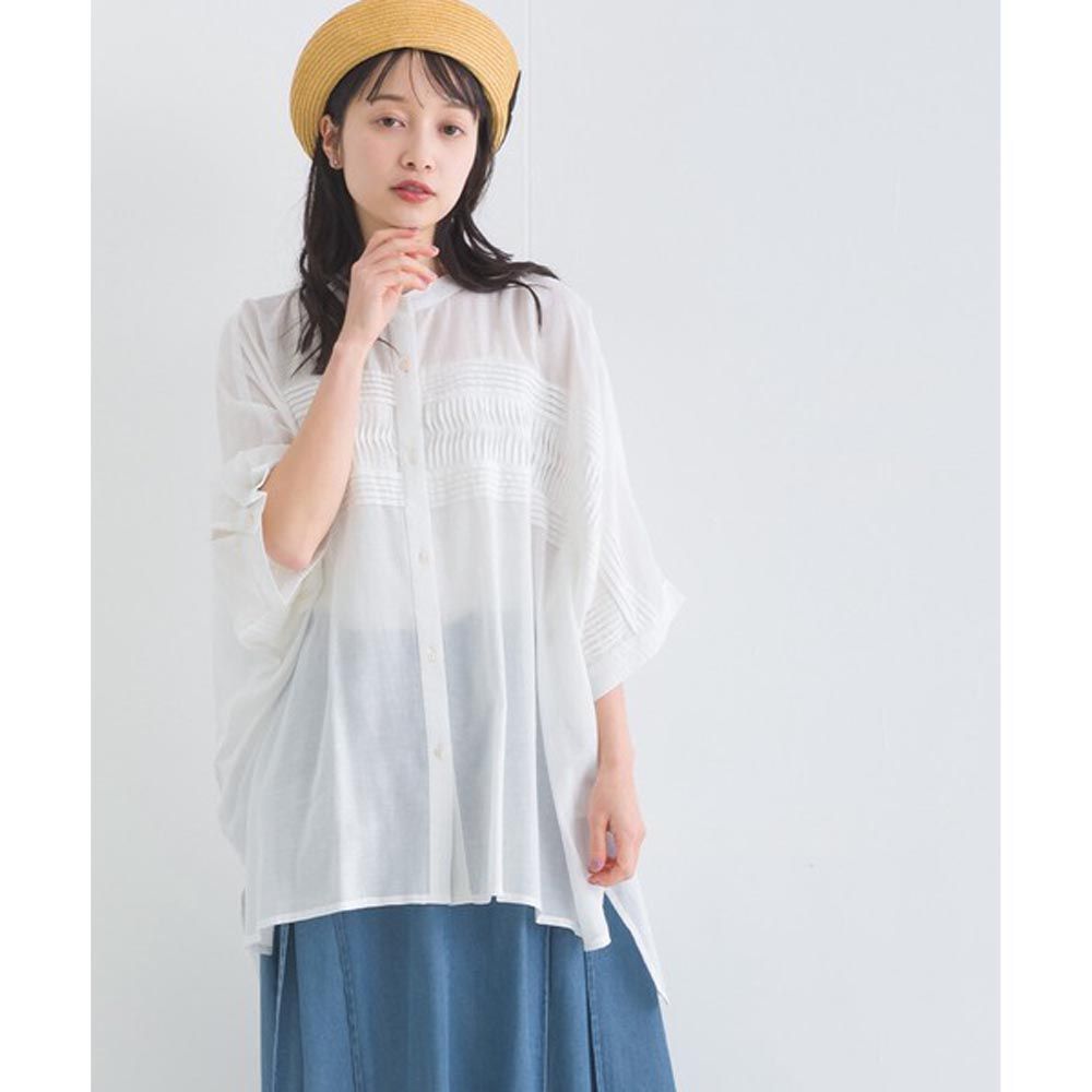 日本 Lupilien - 100%印度棉 細摺透感五分袖襯衫-白色