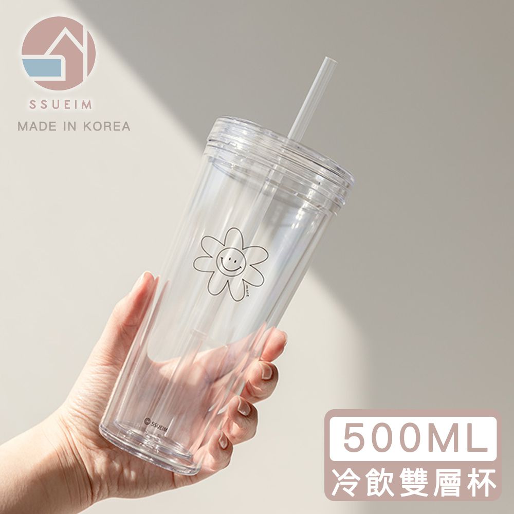 韓國 SSUEIM - 極簡ins吸管冷飲杯/環保杯500ml-小花款