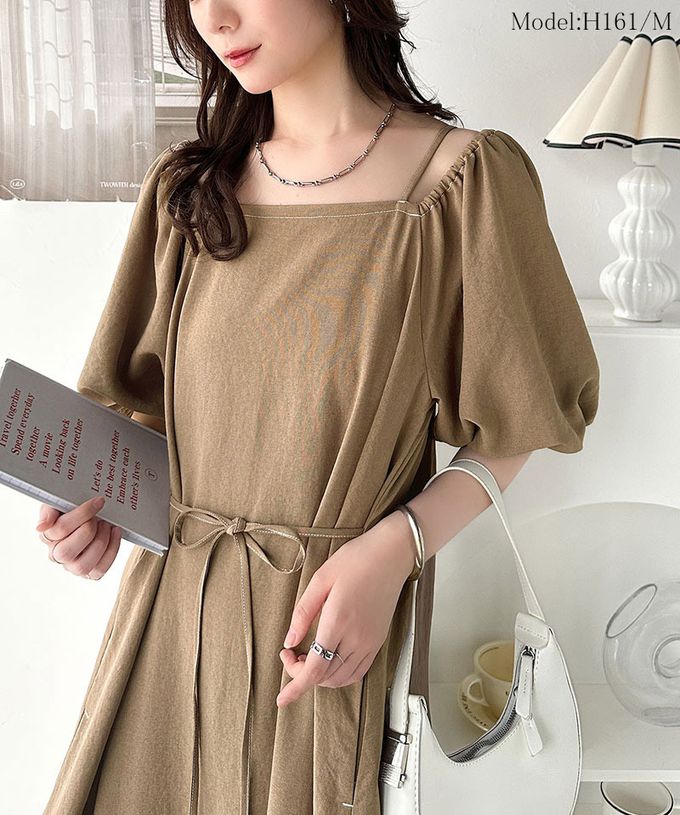 日本 Classical Elf - 典雅2way露肩腰綁帶泡泡袖洋裝-摩卡棕