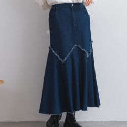 日本 Lupilien - 10oz修身V型魚尾丹寧長裙-海軍藍