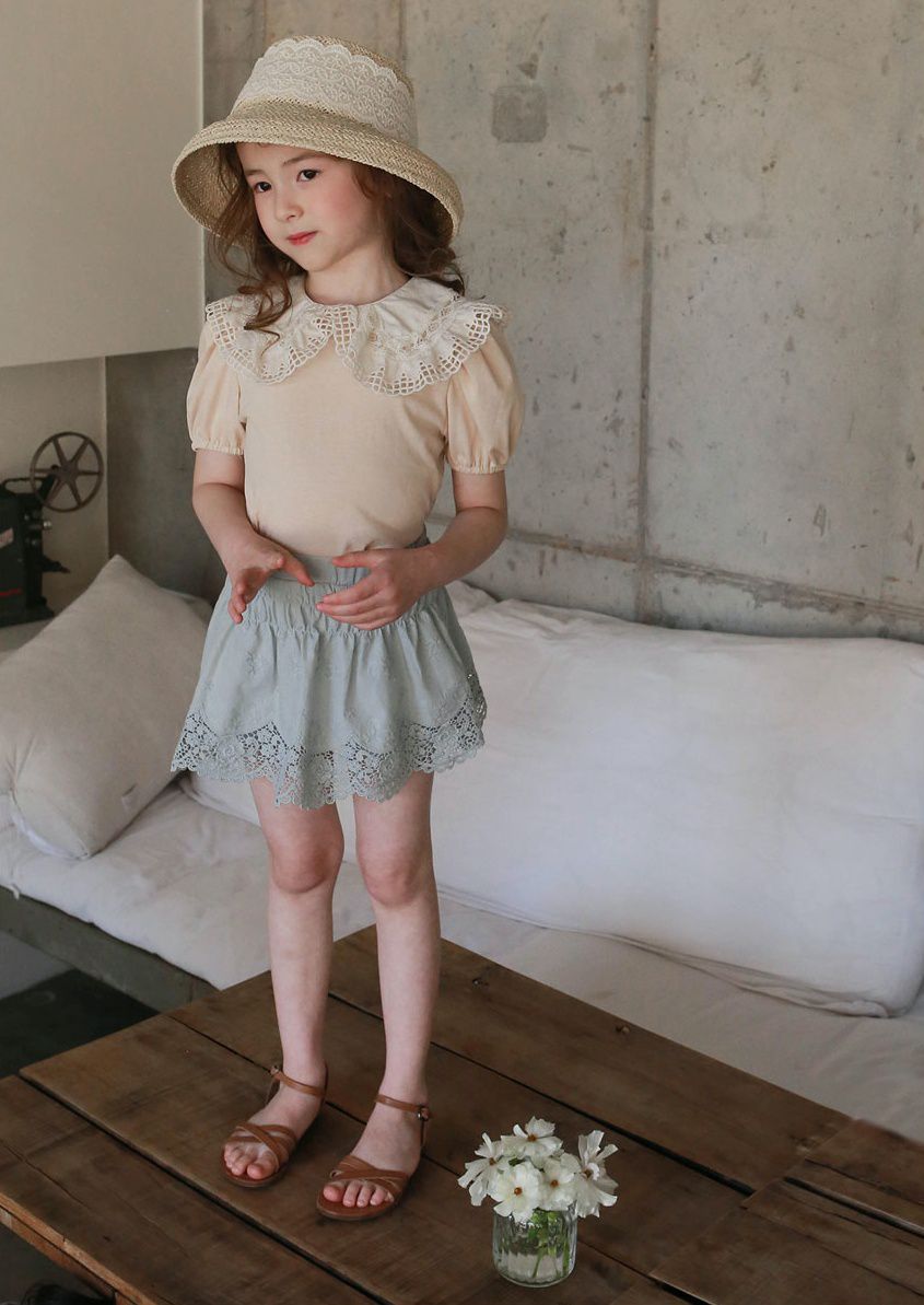 韓國 PuellaFLO - 鏤空格子大白領上衣-蜜桃粉