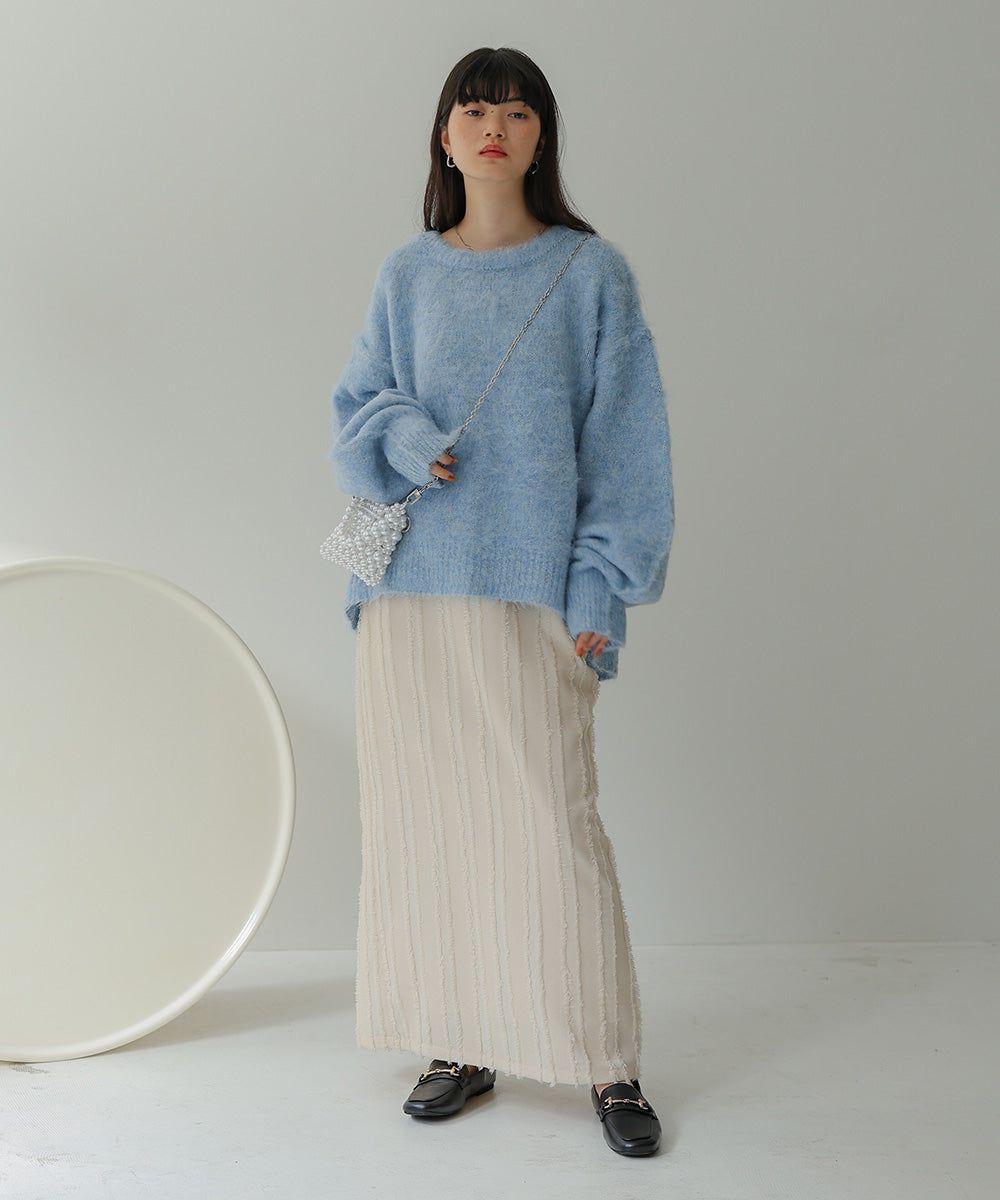 日本 Bab - 毛絨感直條顯瘦開叉長裙-黑