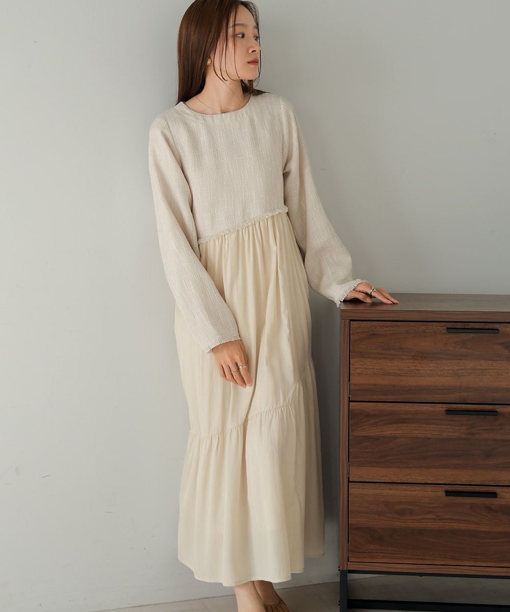 日本 Bab - 仙氣花呢異材質拼接長袖洋裝-黑