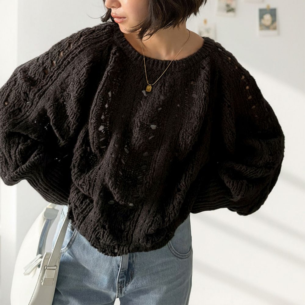 蓬鬆鏤空寬袖針織上衣-炭黑