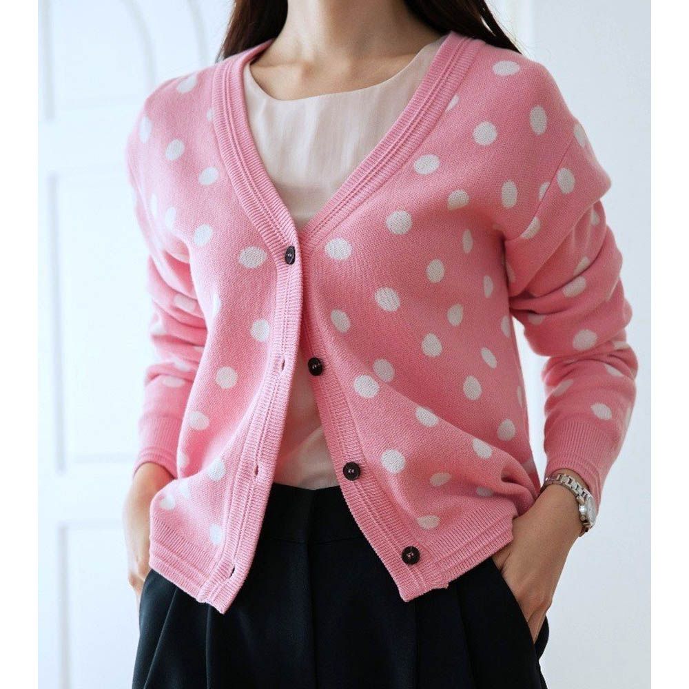 韓製 經典點點V領針織外套-粉 (FREE)