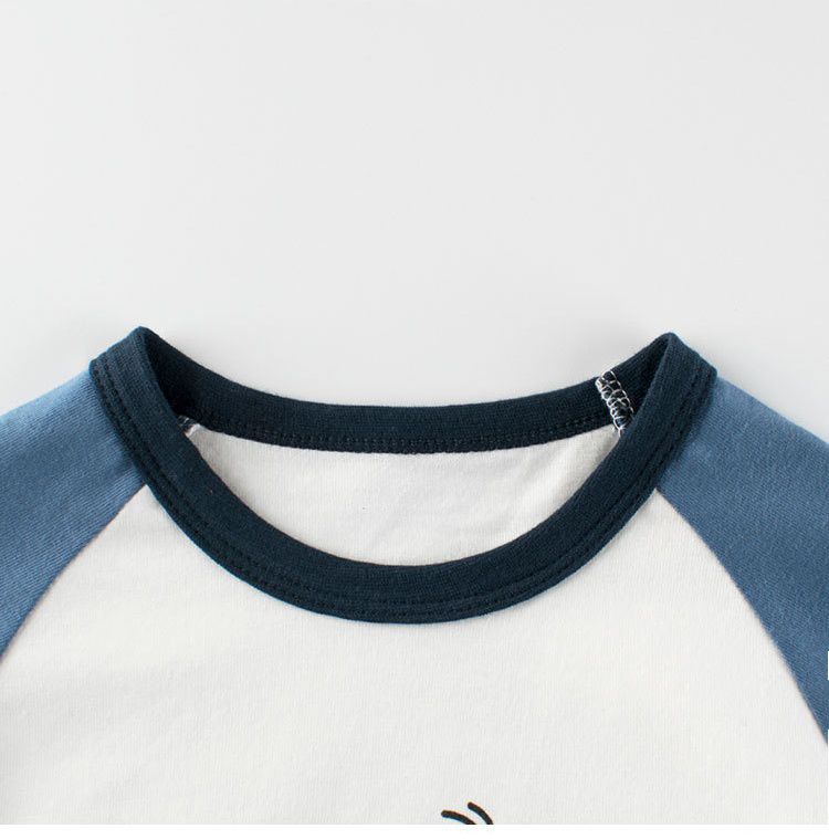 純棉圓領薄長袖上衣-毛茸妖怪-海軍藍+米白