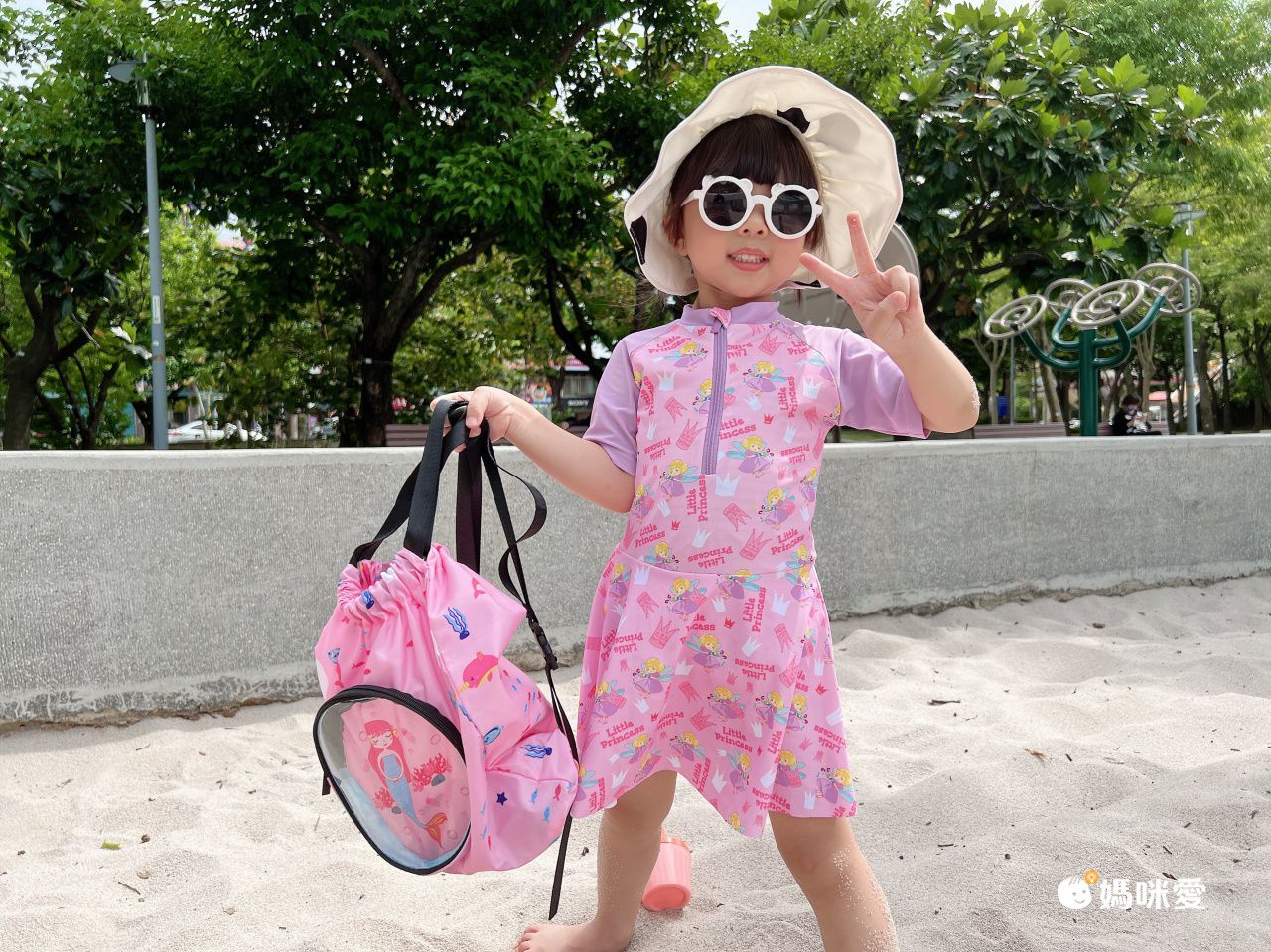 圓領五分袖連身泳裝-小天使-紫色