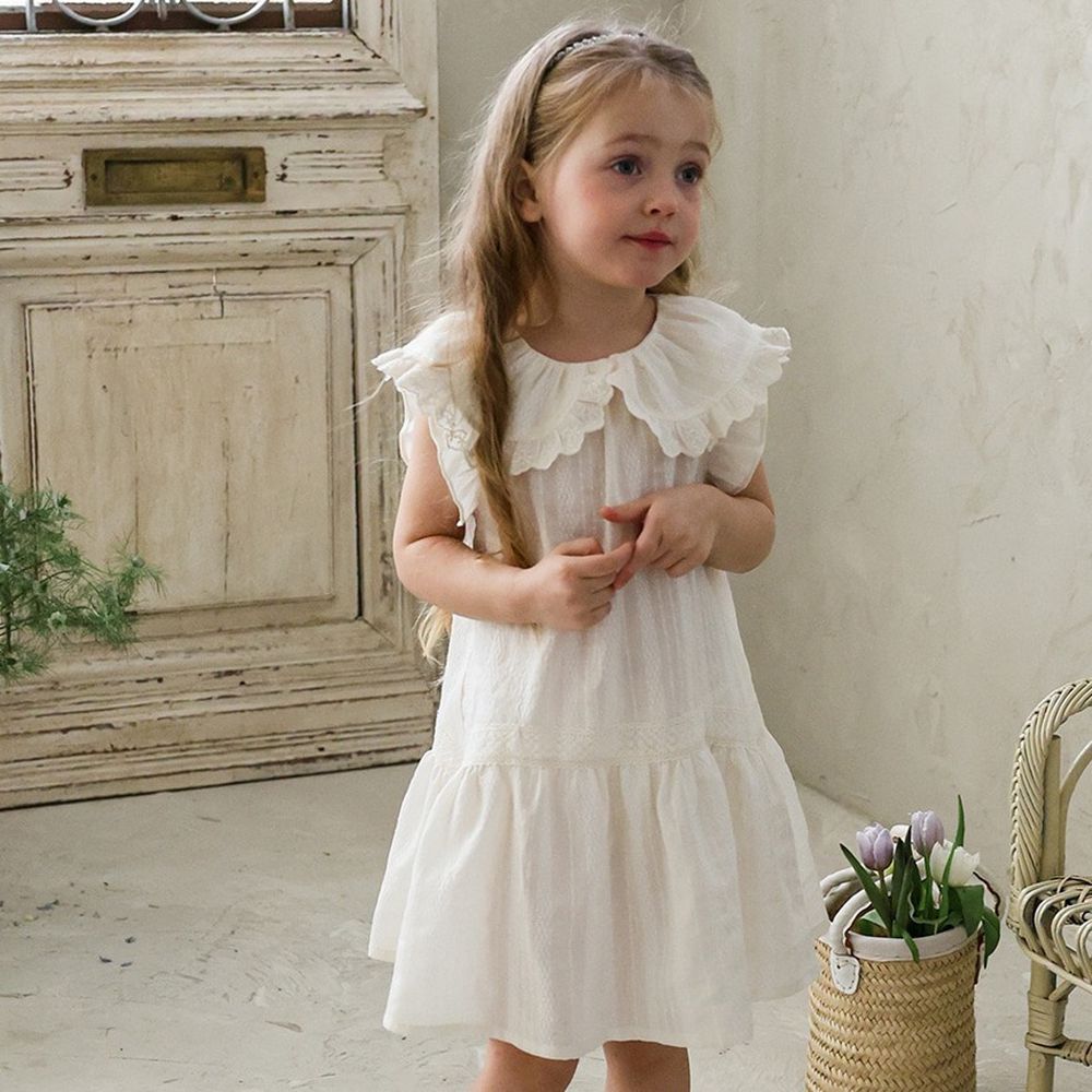 Puellaflo 夏日清新荷葉翻領拼接感洋裝-奶白