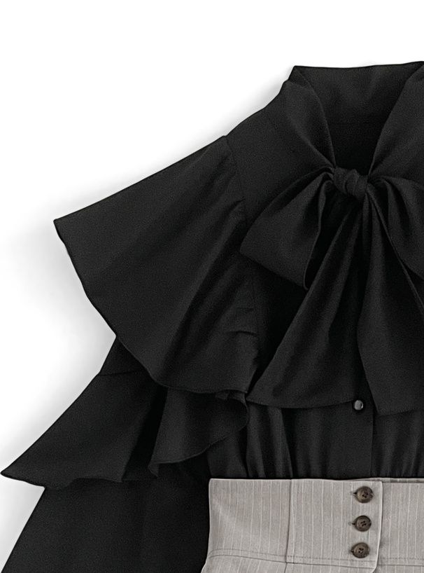 日本 GRL - 雜誌掲載 荷葉層次拼接高腰魚尾洋裝-黑x灰