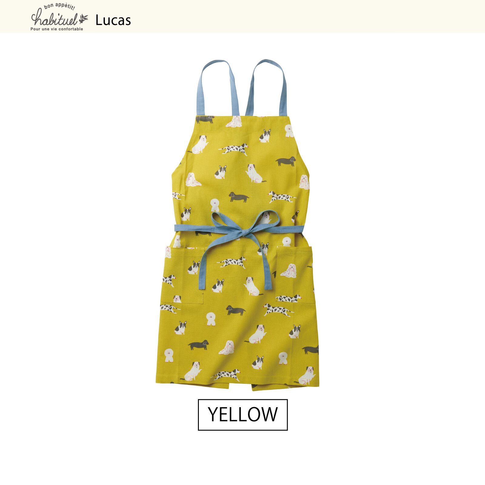 日本代購 - 印度棉大人料理圍裙(雙口袋)-狗狗散步-灰x黃