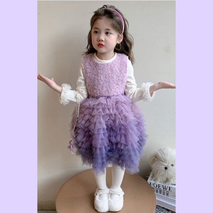 新年生日甜美漸層馬卡龍紫蛋糕網紗長袖洋裝