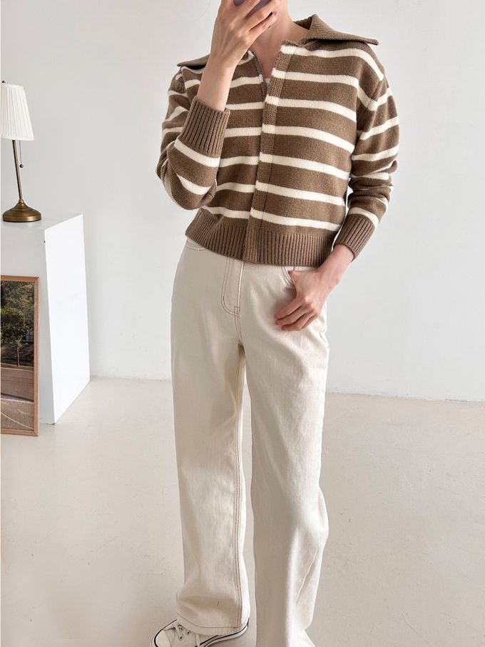 韓國女裝連線 - 溫柔條紋翻領拉鍊針織外套-摩卡咖 (FREE)