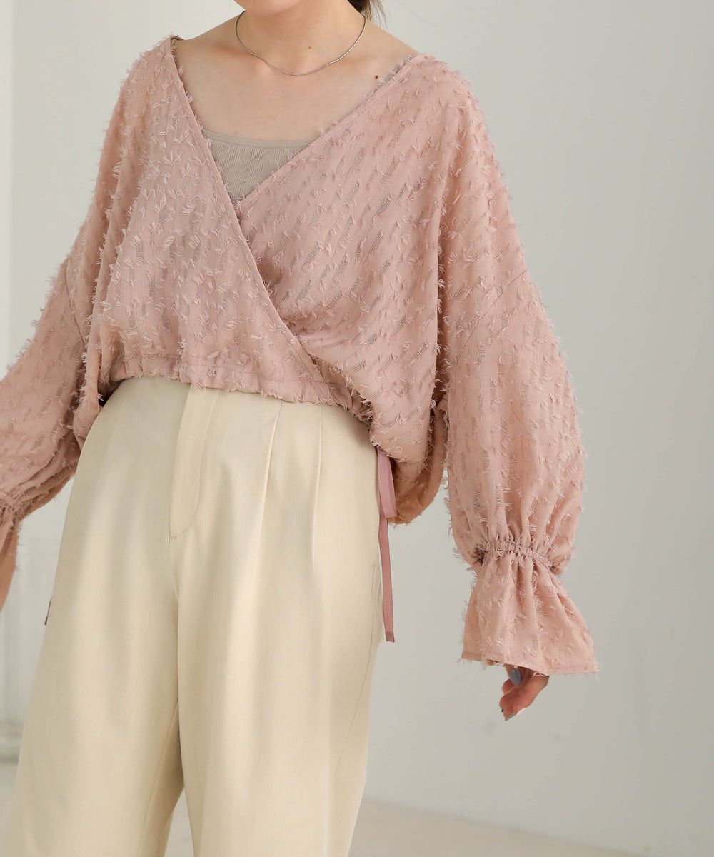 日本 Bab - 2WAY透感抽鬚糖果袖上衣-淺粉