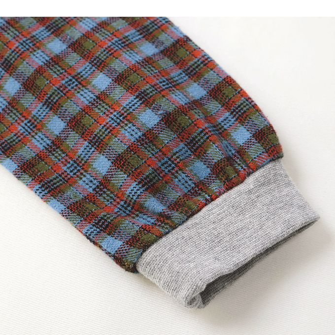 日本 ZOOLAND - 美味印花格紋拼接長袖上衣-灰