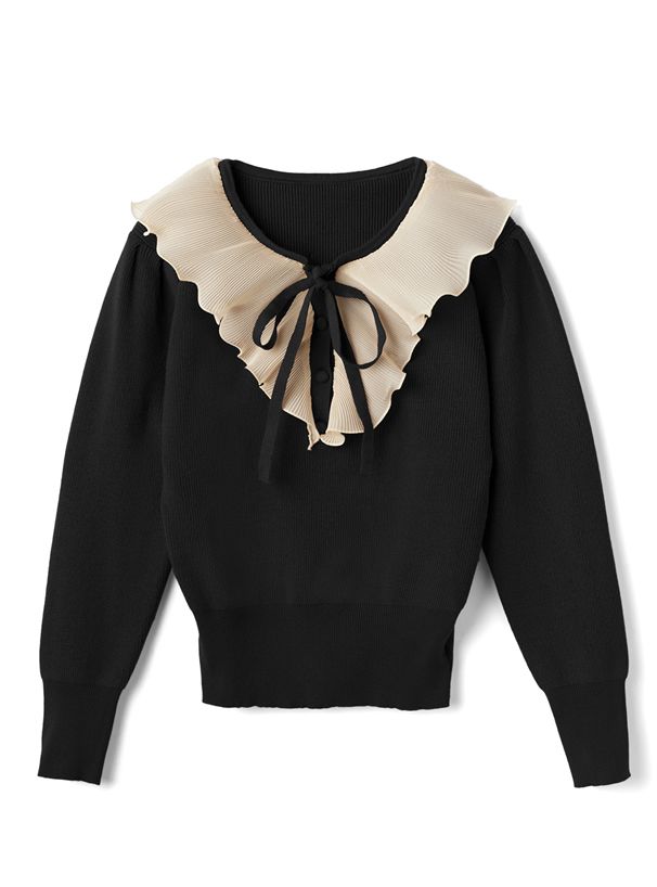 日本 GRL - 華麗貝殼紋荷葉拼接針織上衣-咖啡