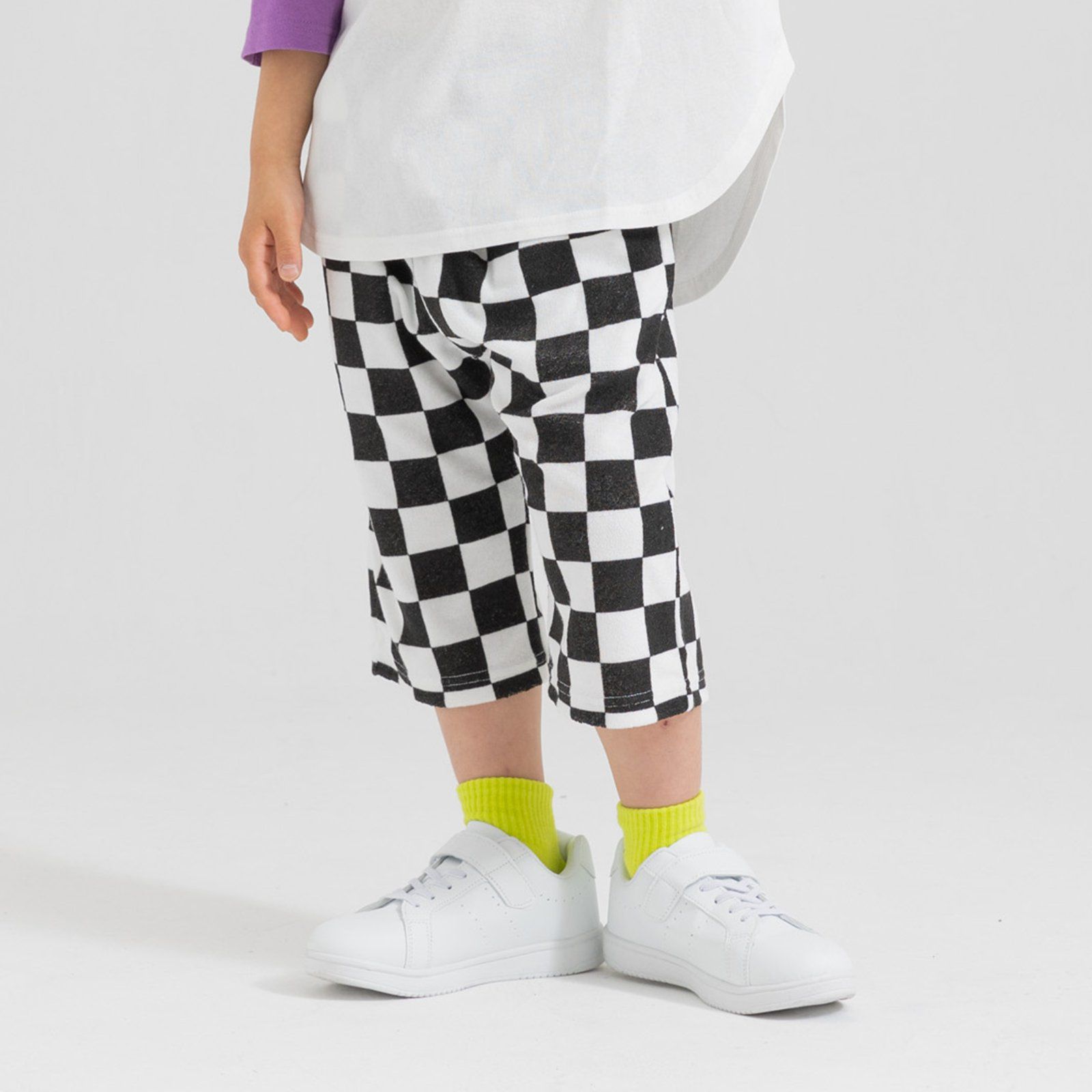 日本 Chil2 - 清爽起絨布寬版印花短褲-格子-黑白