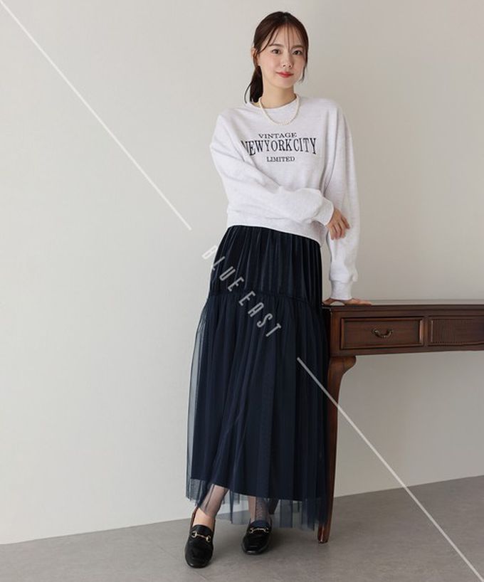 日本 BLUE EAST - 薄紗絲絨拼接飄逸長裙-(可選長度)-深藍