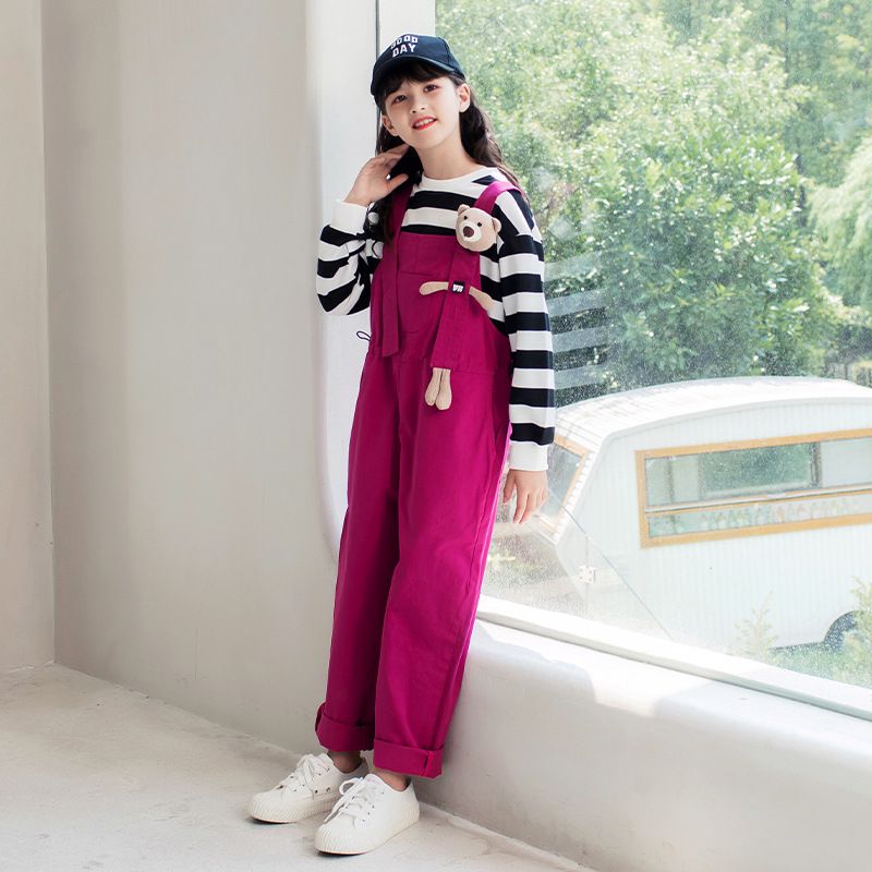 休閒牛仔寬鬆吊帶褲-小熊-綠色