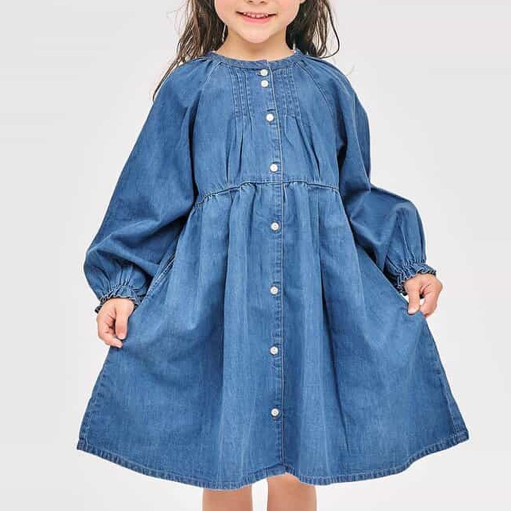 氣質注目款開襟圓領長袖洋裝-丹寧藍