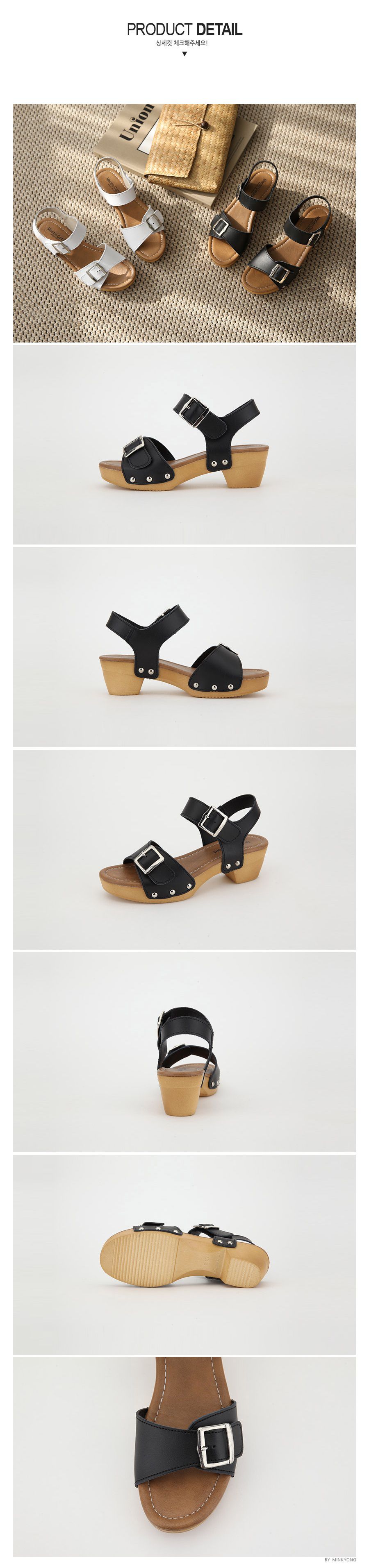 韓國 Dangolunni - 真皮鉚釘格厚底涼鞋-黑