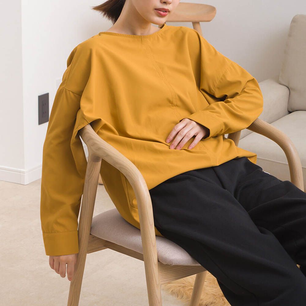 圓弧優雅前短後長修身船領長袖上衣-芥末黃