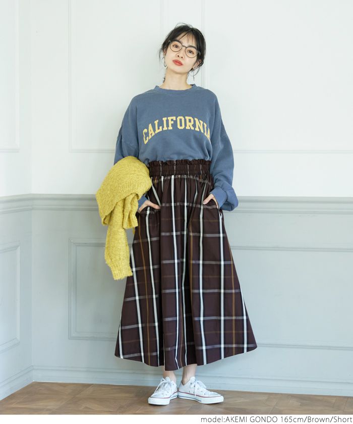 日本 COCA - 寬鬆格紋口袋長裙-咖啡 (［Long］長100cm)