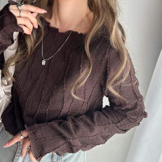 日本 Classical Elf - 奢華羽毛感緹花長袖上衣-米黃