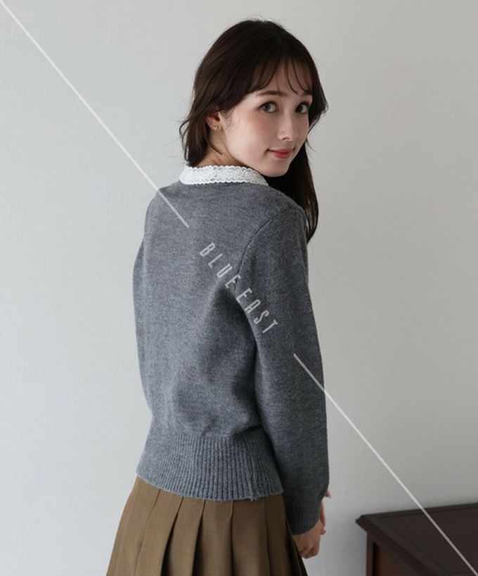 日本 BLUE EAST - 少女爛漫蕾絲蝴蝶結開襟衫-灰