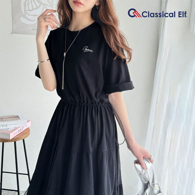 日本 Classical Elf - 簡約logo刺繡 腰抽繩分層短袖洋裝-黑