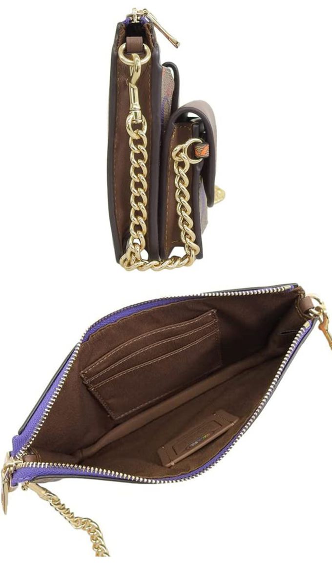 COACH - 滿版LOGO皮革鍊包 (駝底彩色LOGO)