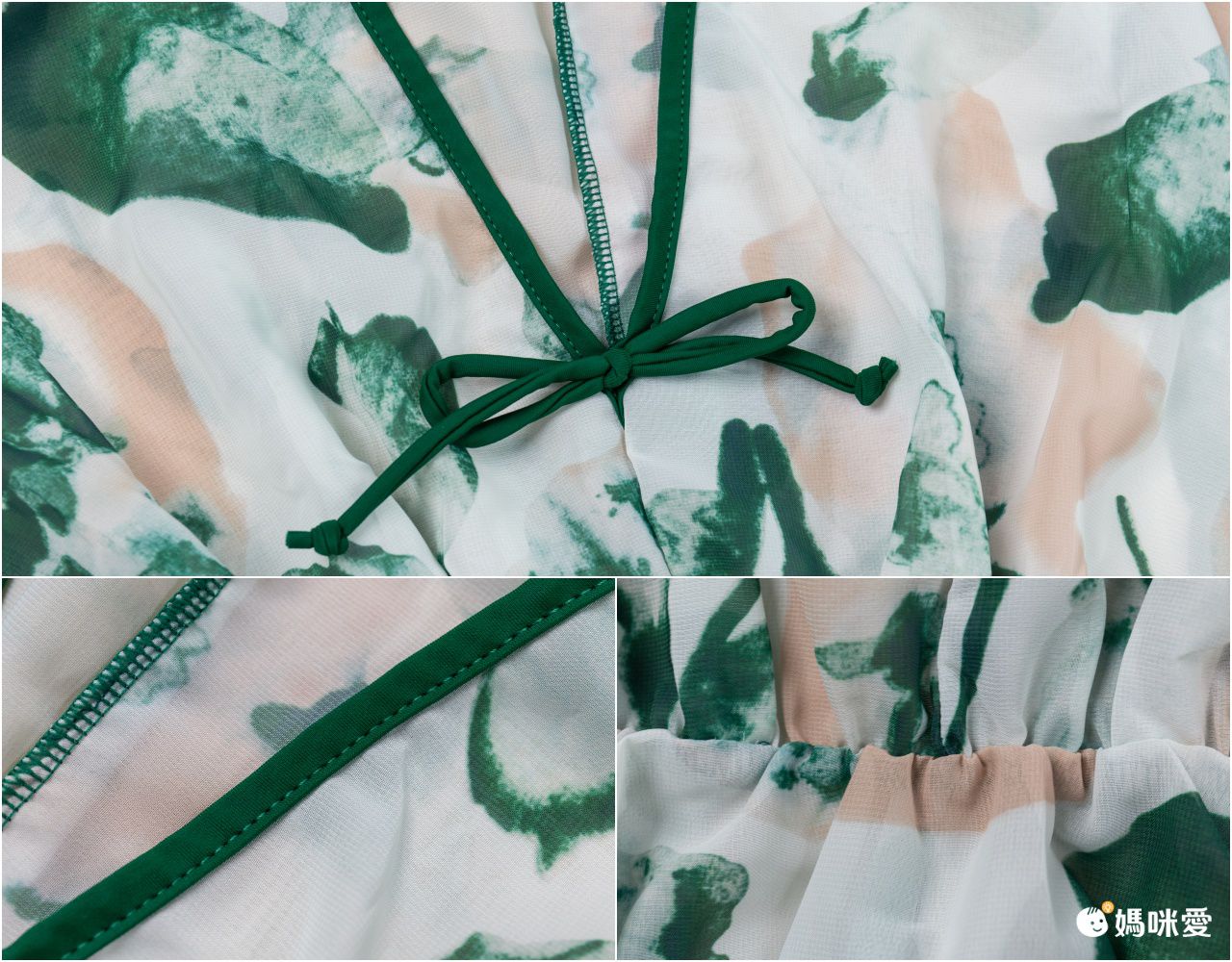 小清新比基尼罩衫顯瘦修身泳衣(三件組)-潑墨葉片-綠+白-比基尼上衣、泳褲、罩衫