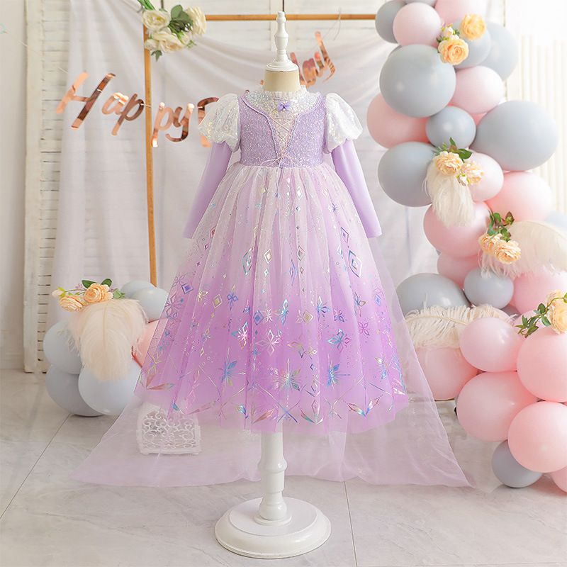 (不含披風)雪花亮片公主袖網紗洋裝-紫色