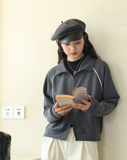顯瘦落肩雙開拉鍊休閒外套-時尚灰