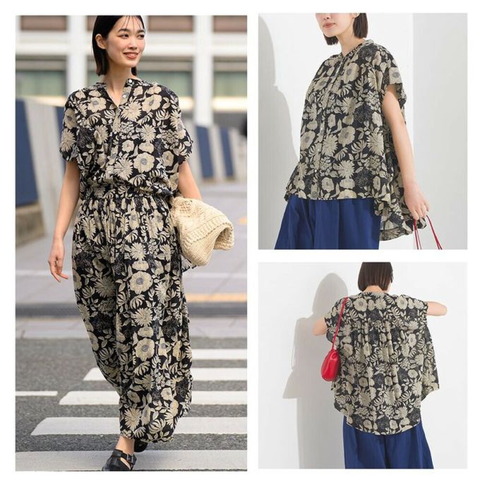 日本 OMNES - 100%印度棉 輕盈寬版襯衫式上衣-花朵-紫