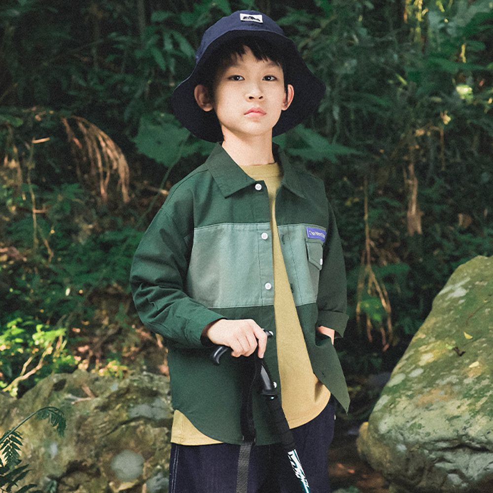 純棉拼色長袖襯衫-軍綠