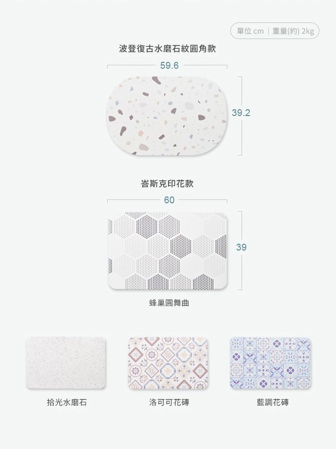 家窩 - MIT 峇斯克印花防霉速乾珪藻土地墊(39x60cm)-4色可選-藍調花磚