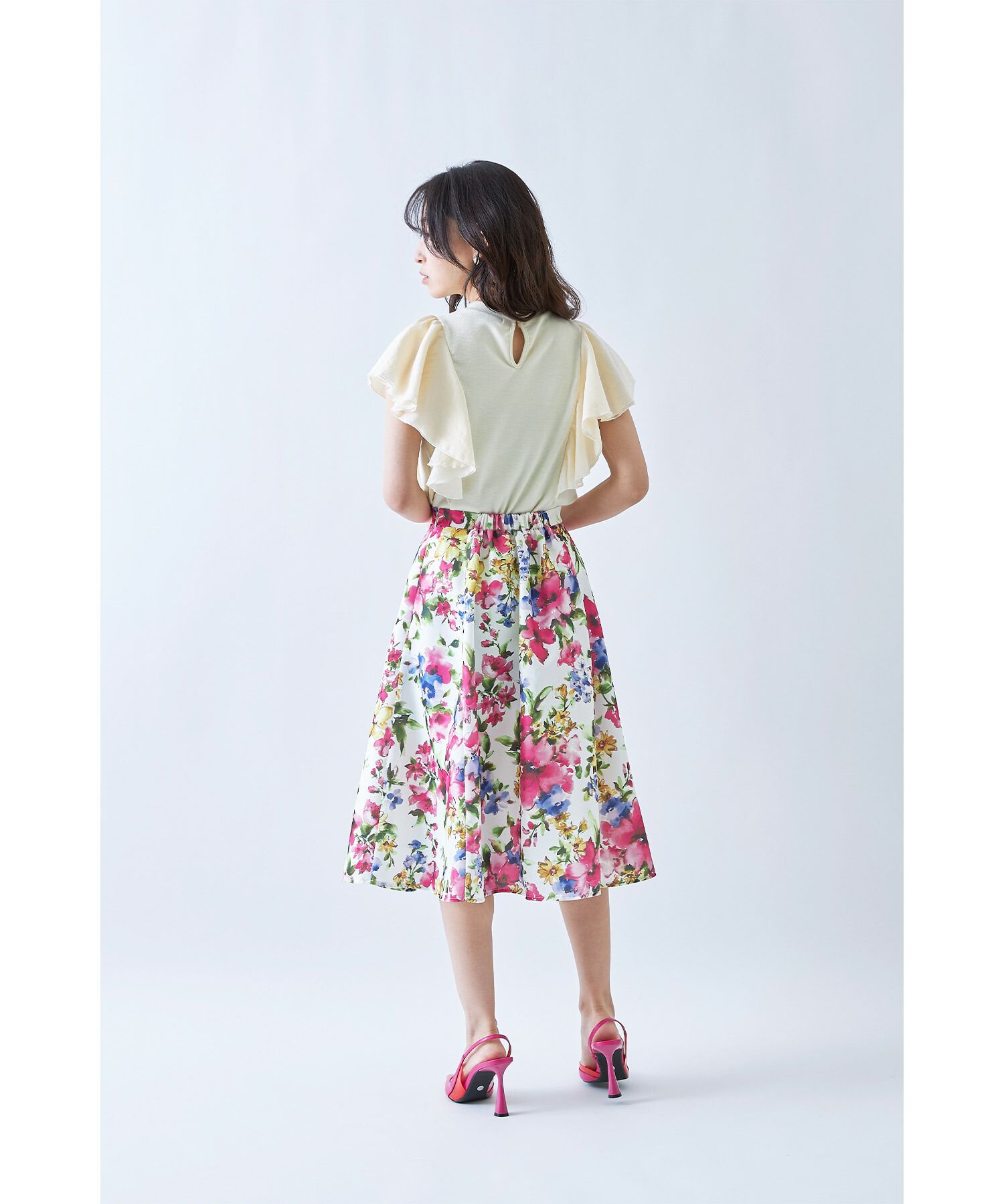 日本 tocco-closet - 水彩花朵華麗感修身傘裙-藍色系