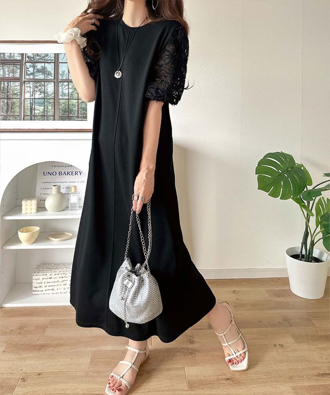 日本 Classical Elf - 夢幻薄紗緹花泡泡袖洋裝-黑