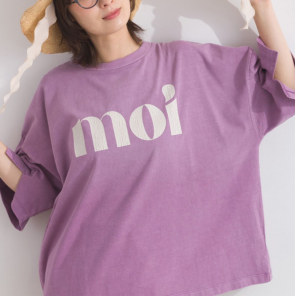 純棉復古刷色簡約落肩五分袖上衣-紫