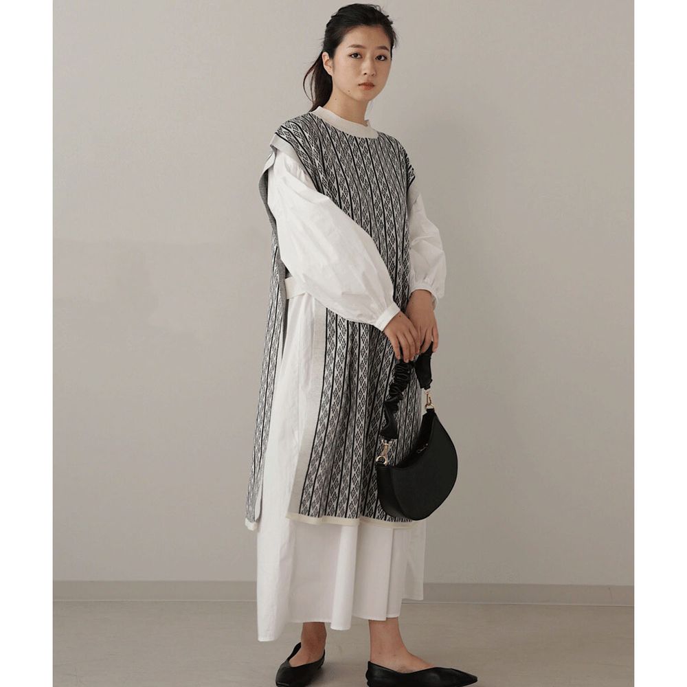 日本 Bou Jeloud - 民族圖騰側開岔長版針織背心洋裝-米底