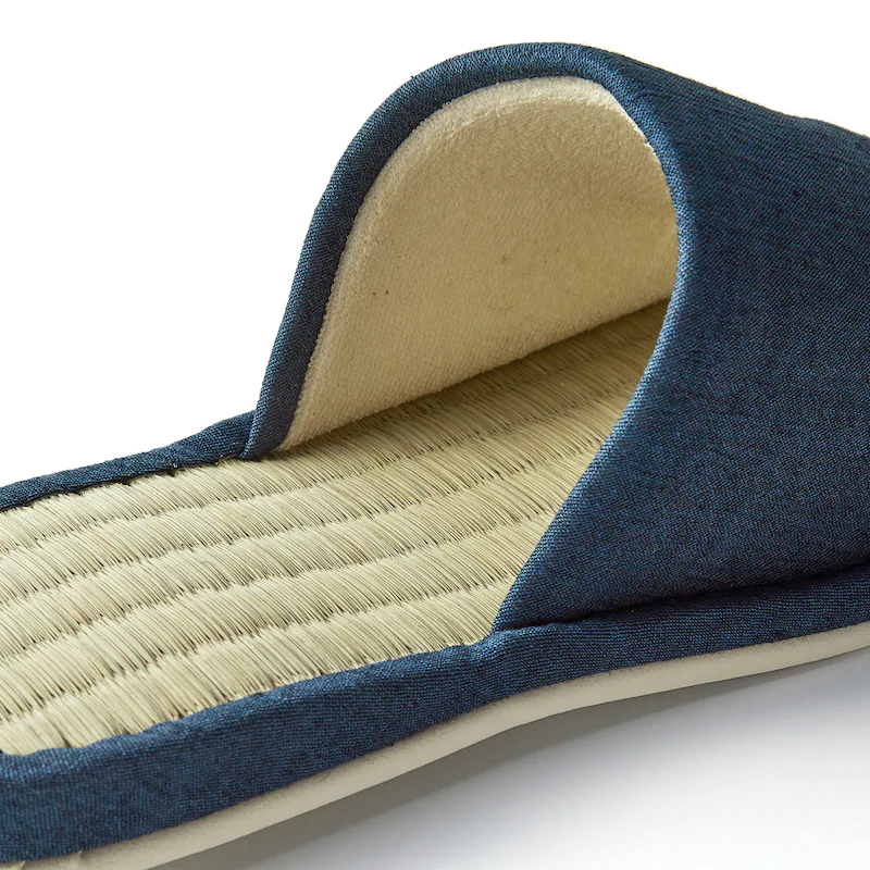 日本千趣會 - 日本製 棉麻X藺草透氣室內拖鞋-深藍