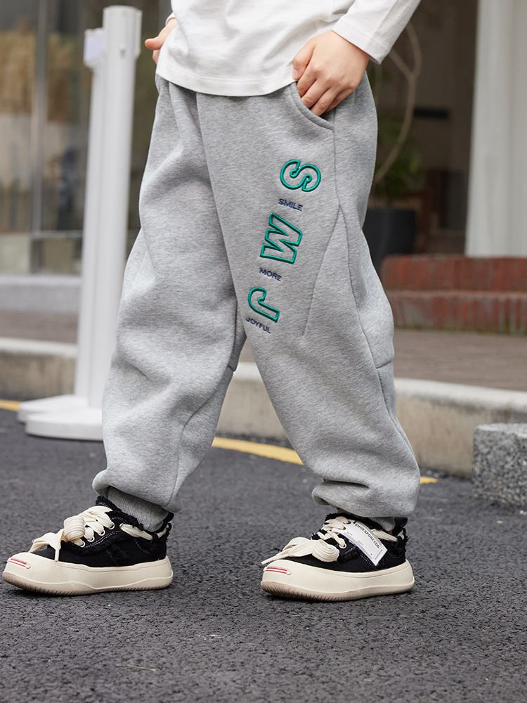 加絨腰鬆緊休閒保暖束口長褲-SMJ-淺灰色